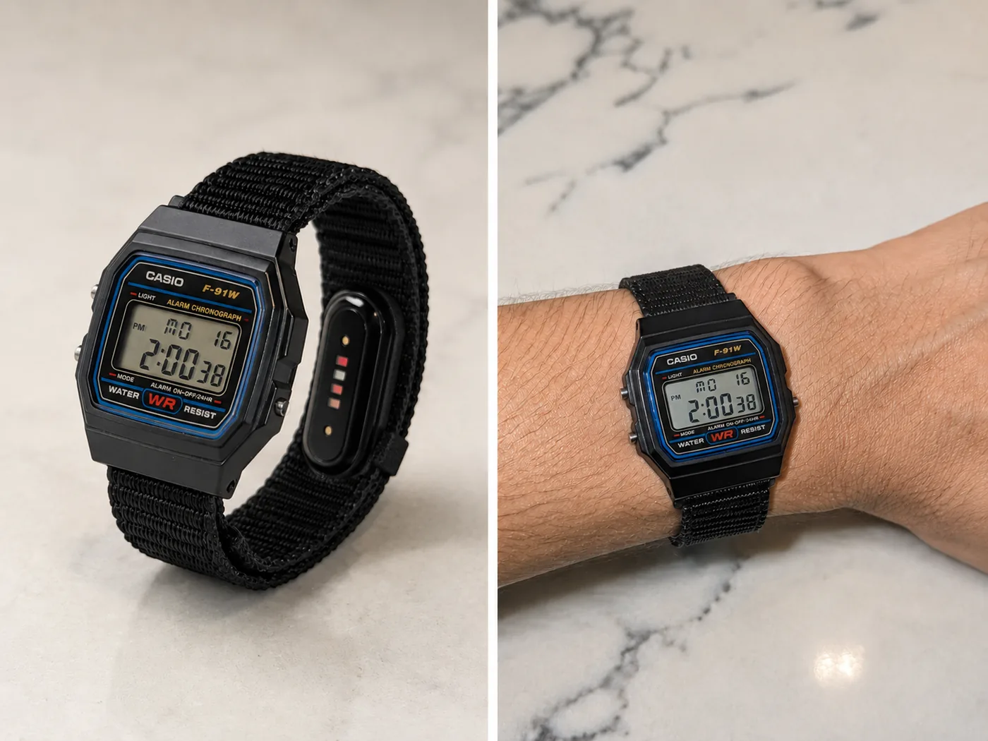 The F-91 beside the Fitbit Air pebble, and worn on the wrist